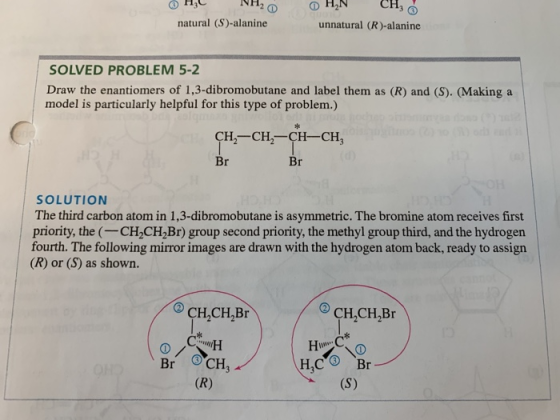опје іп, оон, NCH, natural (S)-alanine unnatural (R)-alanine SOLVED PROBLEM 5-2 Draw the enantiomers of 1,3-dibromobutane and