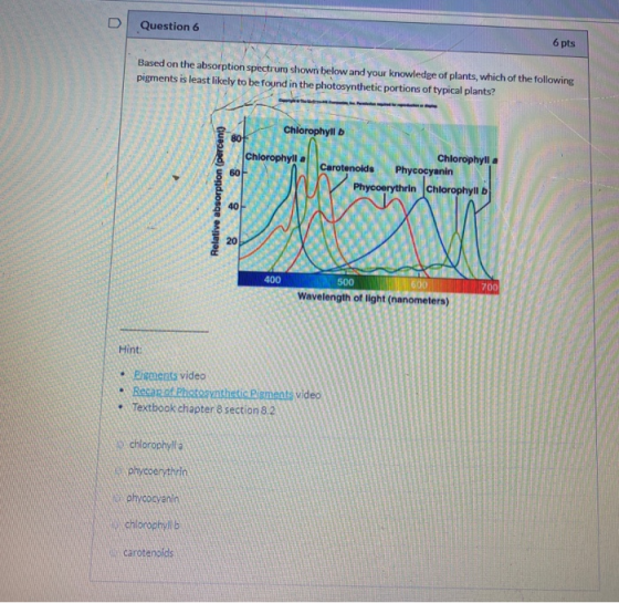 Question 6 6 pts Based on the absorption spectruro shown below and your knowledge of plants, which of the following pigments