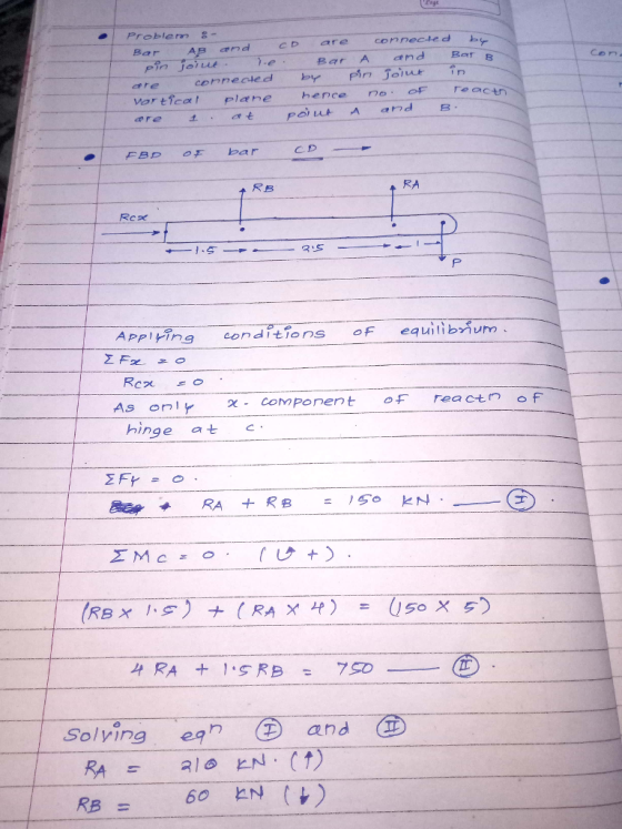 andD are cennected b C D are cennecied Bar AB are connected oy Pin Joiut in var tical plane hence nooF reactn and B ot po ut A CD RA APP,fing conditio ns of equilibye um、 hinge at Solving eand RA RB =