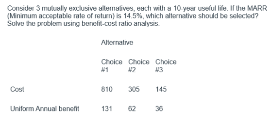 Consider 3 mutually exclusive alternatives, each with a 10-year useful life. If the MARR (Minimum acceptable rate of return)