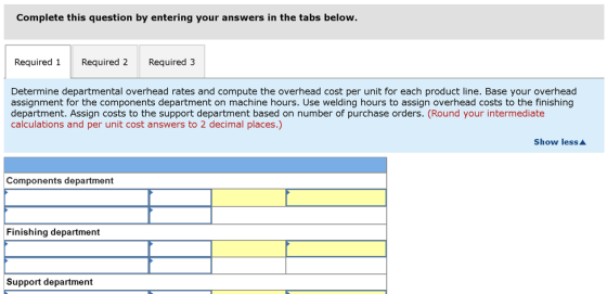 Complete this question by entering your answers in the tabs below. Required 1 Required 2 Required 3 Determine departmental ov