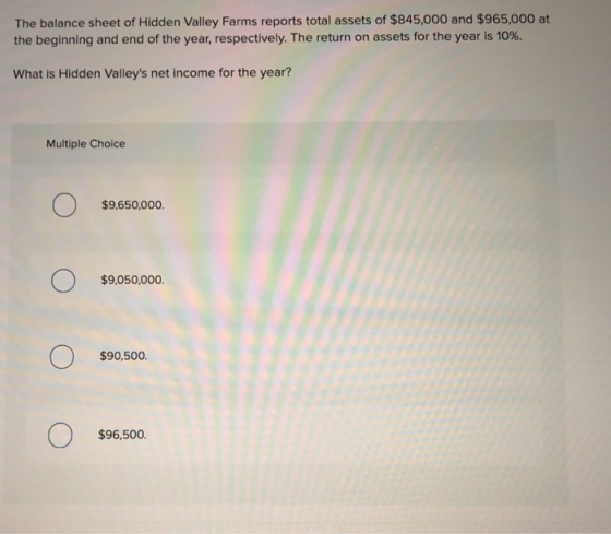 The balance sheet of Hidden Valley Farms reports total assets of $845,000 and $965,000 at the beginning and end of the year,