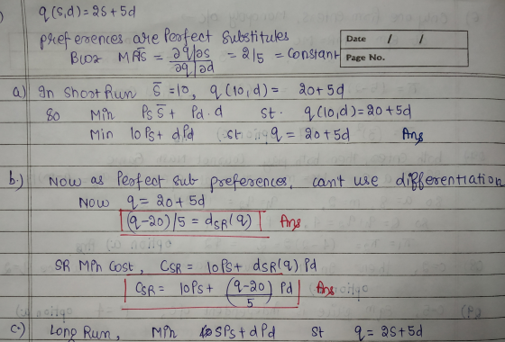 q (sd) - 25+5d preferences are perfect Substitutes Date 11 Bio2 MAS = 2 Vas = 215 = constant Page No. a) In shoot Run 5 = 10