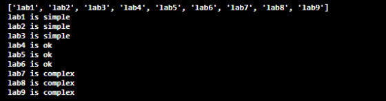 (lab1, lab2, lab3, lab4, lab5, lab6, lab7, lab8, lab9] labi is simple lab2 is simple lab3 is simple lab4 is