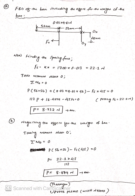 a of the FBI of the bar including the effect for the weight ban 0.03x9.812 56mm 56mm Ох 25mm Fx f Oy Now finding the spring f