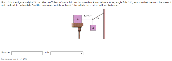 Block B in the figure weighs 771 N. The coefficient of static friction between block and table is 0.34; angle 8 is 32°; assum