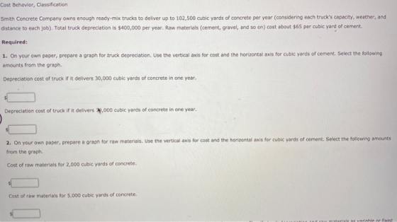 Cost Behavior, Classification Smith Concrete Company owns enough ready-mix trucks to deliver up to 102,500 cubic yards of con