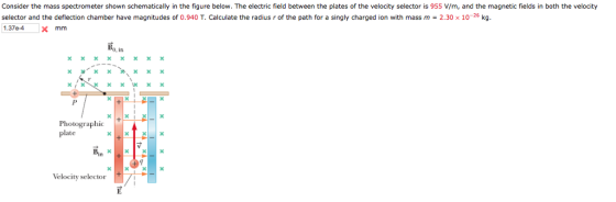 Consider the mass spectrometer shown schematically in the figure below. The electric field between the plates of the velocity selector is 955 V/m, and the magnetic fields in both the velocity selector and the deflection chamber have magnitudes of 0.940 T. Calculate the radius r of the path for a singly charged ion with mass m 2.30 × 10-26 kg 1.37e-4 X mm in Photographic plate Velocity selector