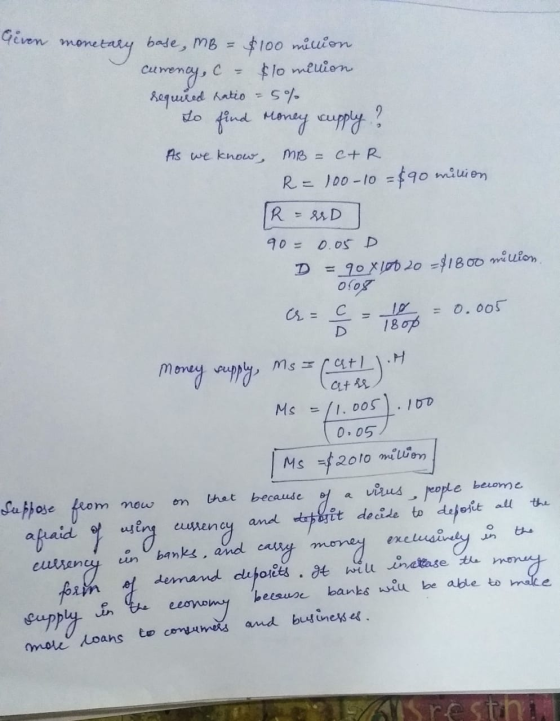 Given monetary base, MB cumency, c to find money supply $100 million $10 million required ratio = 5% ? As we know, MB = CAR R