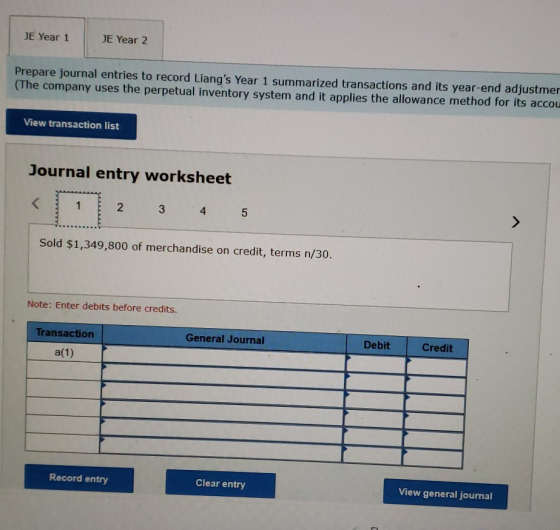 JE Year 1 JE Year 2 Prepare journal entries to record Liangs Year 1 summarized transactions and its year-end adjustmer (The