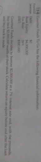 SO 124 Gourmet Foods To Go has the following financial information Financo Book Equity: $4,000,000 Tax Rate 26% EBIT: $500,00