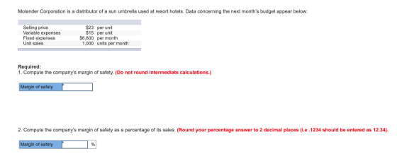 Molander Corporation is a distributor of a sun umbrella used at resort hotels. Data concerning the next months budget appear