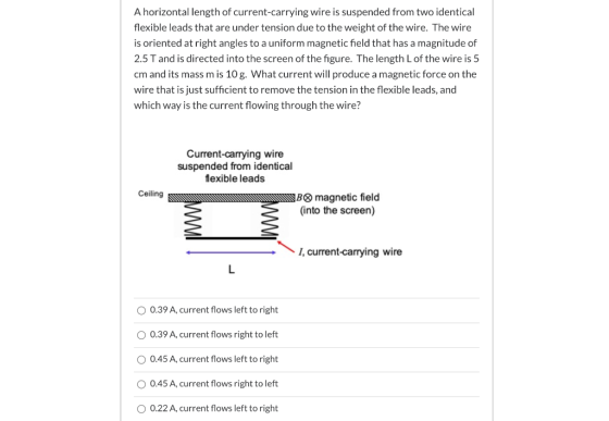 A horizontal length of current-carrying wire is suspended from two identical flexible leads that are under tension due to the