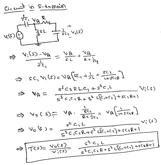 Circuit in s-domain voor de were V;(s)-VA - = → sc, v;(8) = VA[SC, +*semestrie] - s3 cq R Lei +8²cil V; (s) - 3 c, Cz R+ S² L