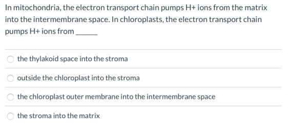 In mitochondria, the electron transport chain pumps H+ ions from the matrix into the intermembrane space. In chloroplasts, th