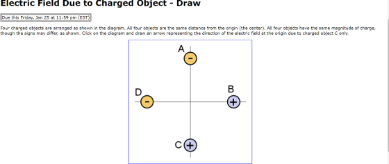 Electric Field Due to Charged Object - Draw Due this Friday, Jan 25 at 11:59 pm (EST) Four charged objects are arranged as shown in the diagram. All four objects are the same distance from the origin (the center). All four objects have the same magnitude of charge, though the signs may differ, as shown. Click on the diagram and draw an arrow representing the direction of the electric field at the origin due to charged object C only.