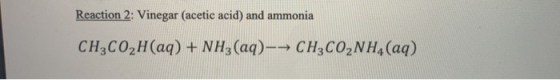 Reaction 2: Vinegar (acetic acid) and ammonia CH3C02H(aq) + NH3(aq)-> CH3CO2NH4(aq)