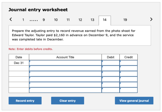 Journal entry worksheet < 1 ..... 9 10 11 12 13 14 19 Prepare the adjusting entry to record revenue earned from the photo sho