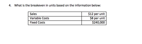 4. What is the breakeven in units based on the information below: Sales Variable Costs Fixed Costs $12 per unit $8 per unit $