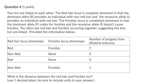 Question 4 (1 point) Two loci are linked to each other. The Red hair locus is complete dominant in that the dominant allele (
