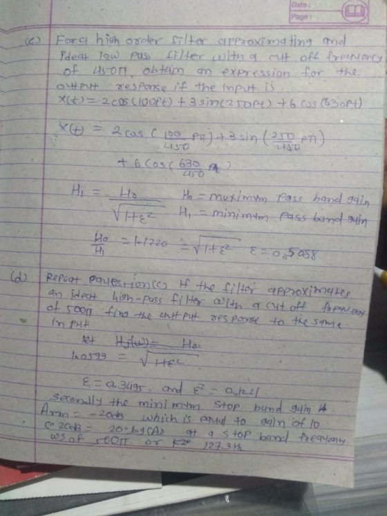 Date: Page 1 Ford high order filter approximating and Pdeat low pass filter with a cut off fremtonry of 4500, obtain an expre