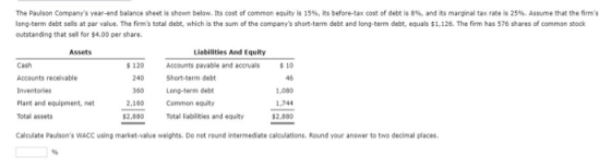 The Paulson Companys year-end balance sheet is shown below. Its cost of common equity is 15 % , its before-tax cost of debt