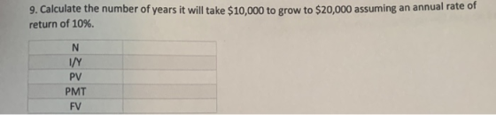 9. Calculate the number of years it will take $10,000 to grow to $20,000 assuming an annual rate of return of 10%. I/Y PV PMT FV