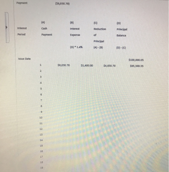 Payment (S6,030.70) Interest Cash Interest Principal Period Payment Expense Principal (D) * 14% (A)-(B) Issue Date $100,000.05 56,030.70 $4,630.70 $95,369.35 3
