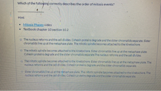 Which of the following correctly describes the order of mitosis events? Hint: • Mitosis Phases video • Textbook chapter 10 se