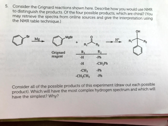 5. Consider the Grignard reactions shown here. Describe how you would use NMR to distinguish the products. Of the four possib