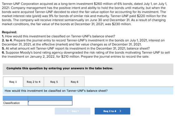 Tanner-UNF Corporation acquired as a long-term investment $260 million of 6% bonds, dated July 1, on July 1, 2021. Company ma