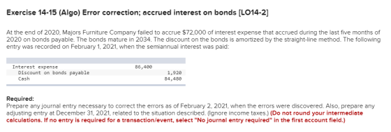 Exercise 14-15 (Algo) Error correction; accrued interest on bonds [LO14-2] At the end of 2020, Majors Furniture Company faile