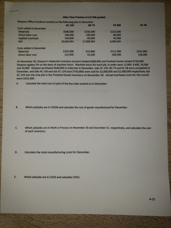 PS 400 DC 48 After Class Practice 4-2 (2 HW grades) Simpson Office Furniture worked on the following jobs in December: AC 130
