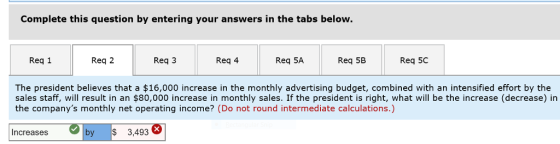 Complete this question by entering your answers in the tabs below. Req 1 Req 2 Req 3 Req 4 Req 5A Req 5B Req 5C The president believes that a $16,000 increase in the monthly advertising budget, combined with an intensified effort by the sales staff, will result in an $80,000 increase in monthly sales. If the president is right, what will be the increase (decrease) in the companys monthly net operating income? (Do not round intermediate calculations.) Increases by 3,493