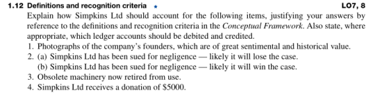 1.12 Definitions and recognition criteria * L07, 8 Explain how Simpkins Ltd should account for the following items, justifyin
