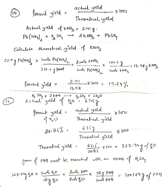 actual yield x 100 7 Percent yield = - Theoretical yield Actual yield of KNO3 = 2.41g. Pb(NO3), + ga soy > I KNO3 + PbSoy Cal