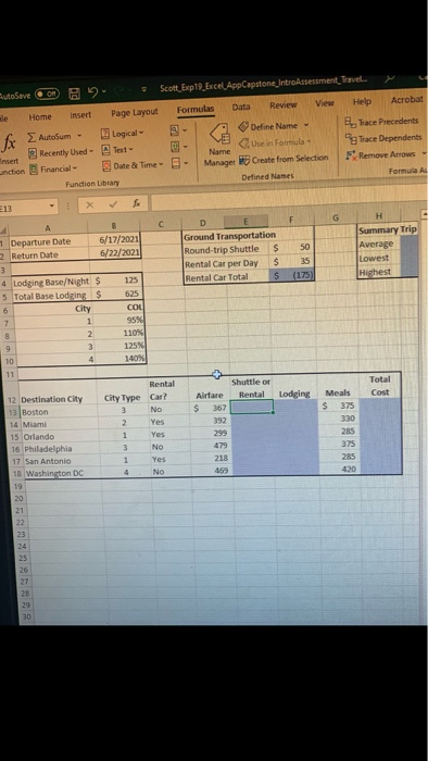 OM Formulas ButoSave Scott Exp 19_Excel AppCapstone_IntroAssessment Travel. le Home Insert Formulas Page Layout Data Review V