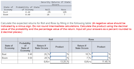 Security Returns if State Occurs State of Probability of State Economy of Economy Bust 0.40 0.60 Roll -9% Ross 18% Boom 28 Ca