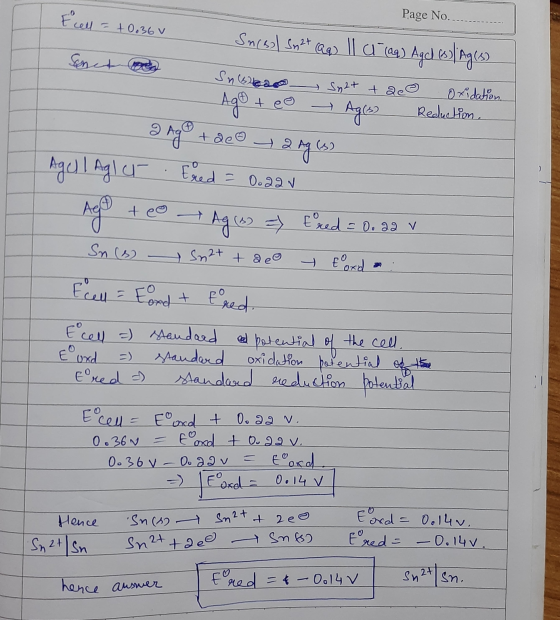 Page No. t cell = +0.36 v Sucsol Sn2t (aq) 11 c1 (99) Aged (s) (Ag(s) Soneto Sn60000 Sy2+ + 2e oxidation. - Agoteo → Ag(s) Re
