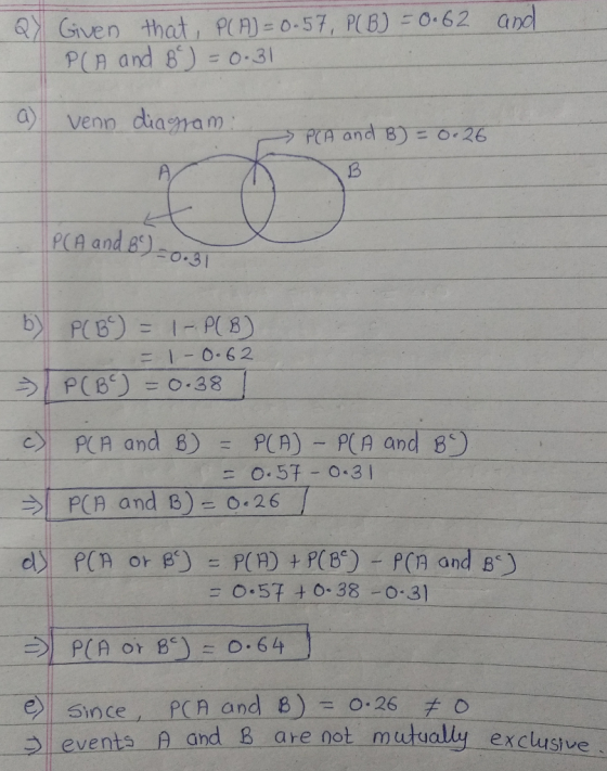 2 Give PL n and 8) =0.31 a) venn diamam ey PCA and B) = P(A)-PCA and BD -0.57 to-38-0-31 ey since i PCA and-B)--0-26ーチー。 events A and 8 are not mtualy exclusive
