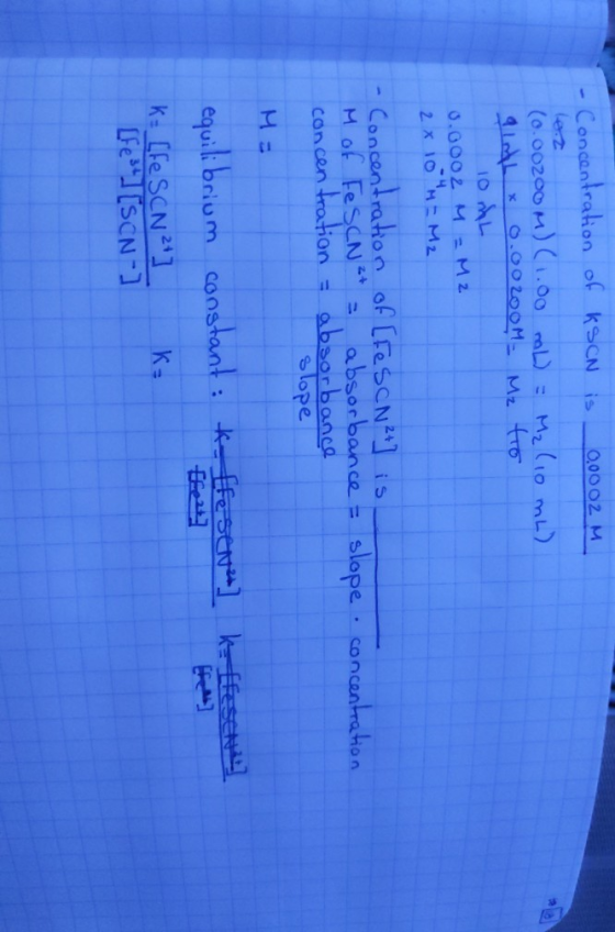 Concentration of KSCN is 0.0002 M (0.00200 M)(1.00 mL) = Me (10 ml) alath * 0.00200M - Mz to I 10ML 0.0002 M = M2 2 x 10 = M2
