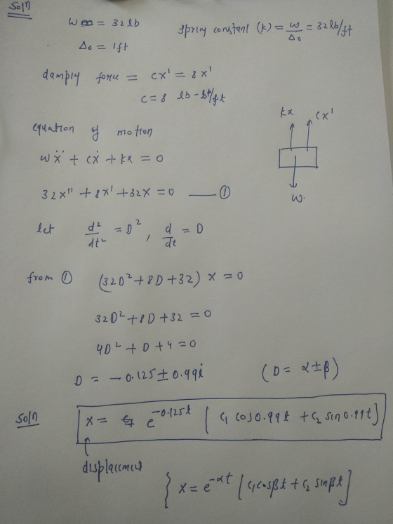 = 32 lb/ft w m =321b Spring constant (K) = w so = Ift damply force = cx= 8x c=8 lb-stift equation w x + of motion x + kx =