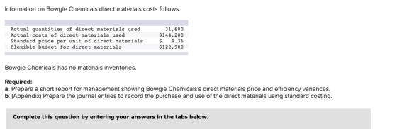 Information on Bowgie Chemicals direct materials costs follows. Actual quantities of direct materials used Actual costs of di