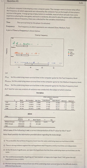 Question 41 2 pts A software company is developing a new computer game. The manager wants to know what effect the frequency a