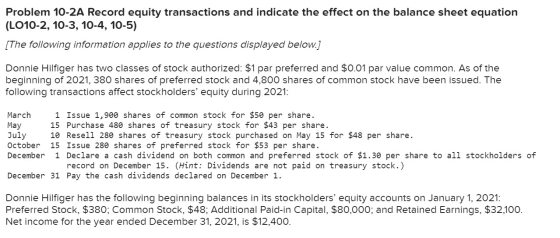 Problem 10-2A Record equity transactions and indicate the effect on the balance sheet equation (LO10-2, 10-3, 10-4, 10-5) [Th