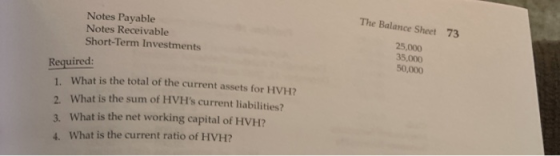 The Balance Sheet 73 Notes Payable Notes Receivable Short-Term Investments Required: 25,000 35.000 50,000 1. What is the tota