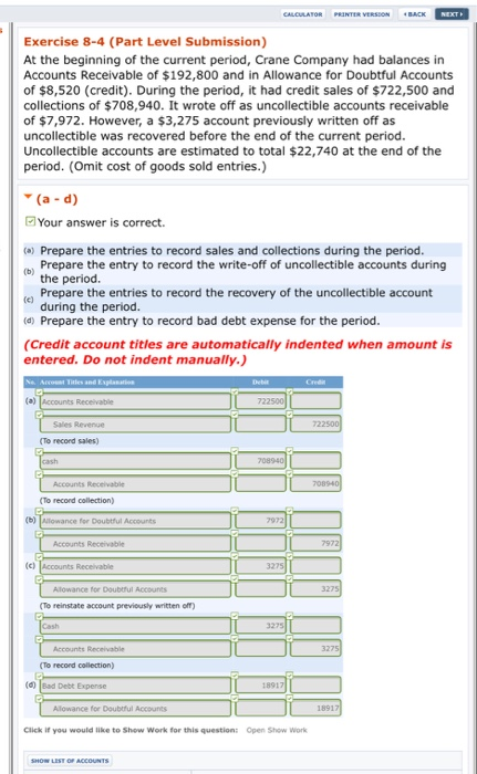 CALCULATOR PRINTER VERSION BACK NEXT Exercise 8-4 (Part Level Submission) At the beginning of the current period, Crane Compa