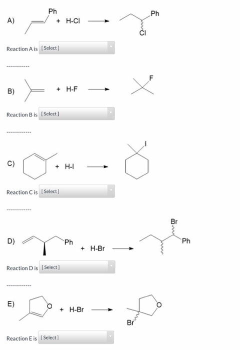 Ph Reaction Ais (Select] B) = + + HF = H-F X Reaction Bis [Select] + H-1 Reaction Cis Select] orga D) PnH.Br – yang Reaction