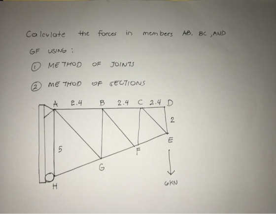Calculate the forces in members AB, BC ,AND GF USING : O ME THOD OF JOIN 75 ME THOD OF SECTIONS A 2.4 B. 2.4 C 2.4 D 2 E 5 G