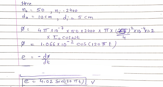 Here no do 2400 50 ナ (ост ro dia 5 cm 4 TX107 X. 50 x 2400 X TTX (355)2x10 4x1.2 X Io coswt 1,066 x 10 cos (120 T - 2 of e 11